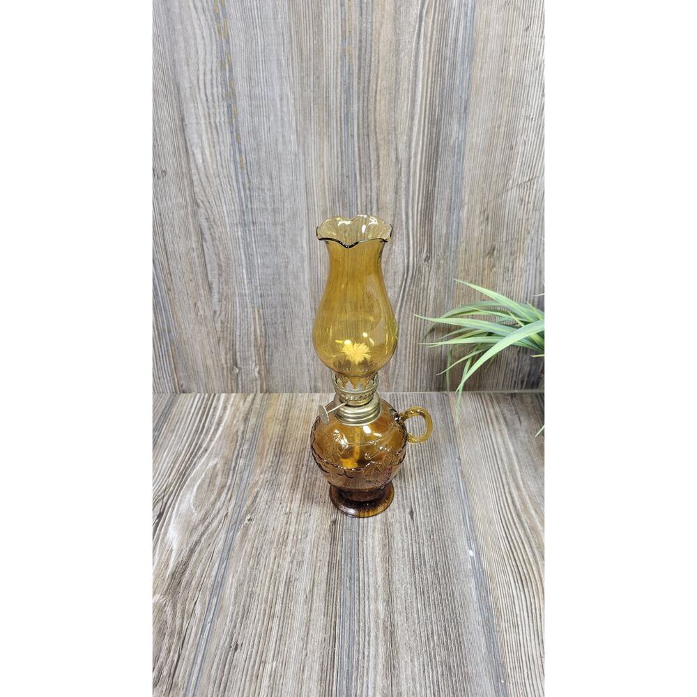 Vintage Miniature Oil Lamp, Amber Glass Grape, Finger Handle Hong Kong
